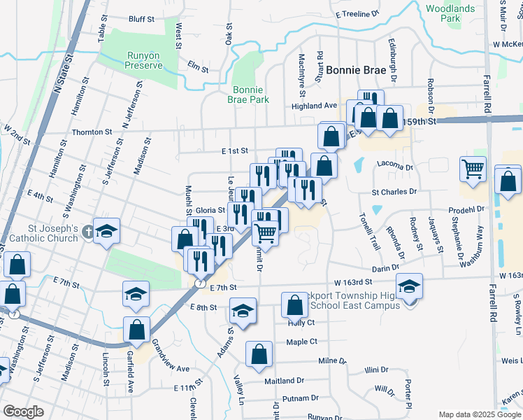 map of restaurants, bars, coffee shops, grocery stores, and more near 976 East 9th Street in Lockport
