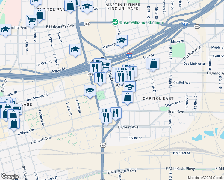 map of restaurants, bars, coffee shops, grocery stores, and more near 1451 East Grand Avenue in Des Moines