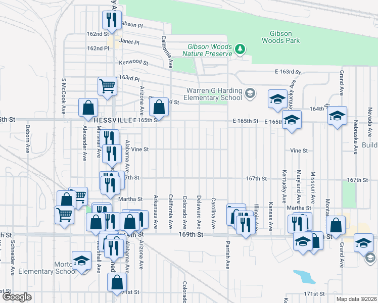 map of restaurants, bars, coffee shops, grocery stores, and more near 6608 Delaware Avenue in Hammond