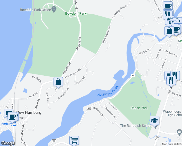 map of restaurants, bars, coffee shops, grocery stores, and more near 4 Donny Drive in Wappingers Falls