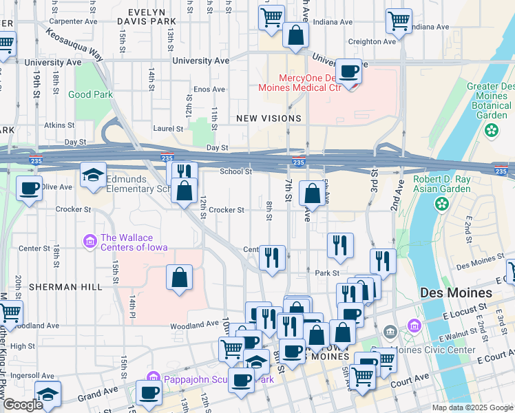 map of restaurants, bars, coffee shops, grocery stores, and more near 811 Crocker Street in Des Moines