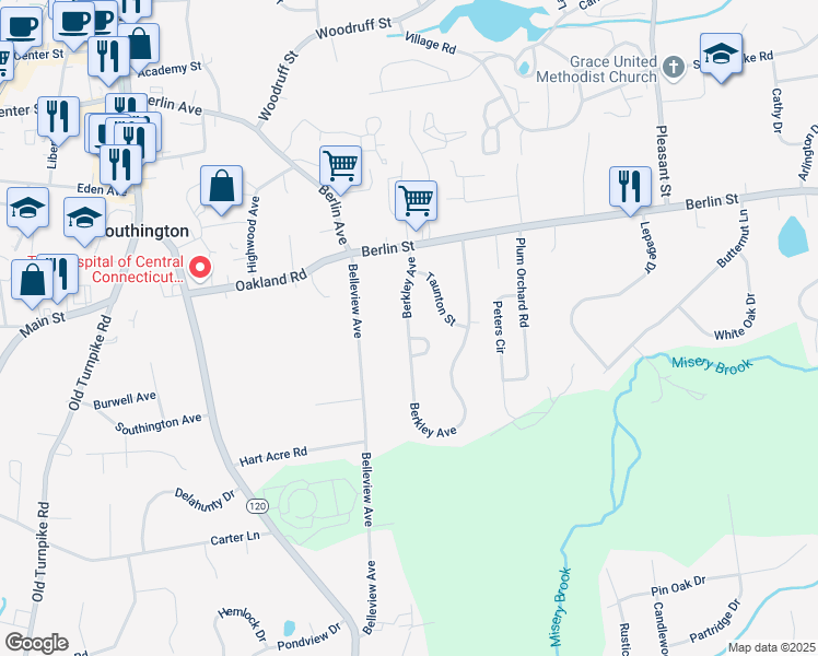 map of restaurants, bars, coffee shops, grocery stores, and more near 26 Berkley Avenue in Southington