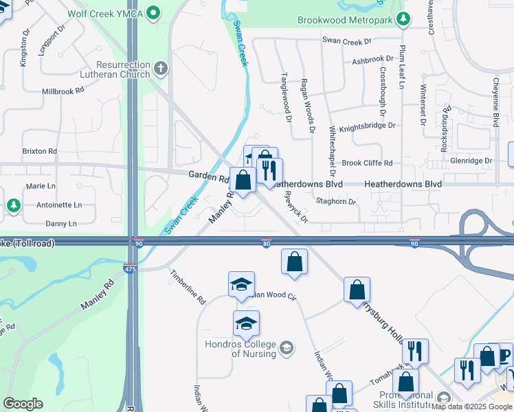 map of restaurants, bars, coffee shops, grocery stores, and more near 2763 Pine Trace Drive in Maumee