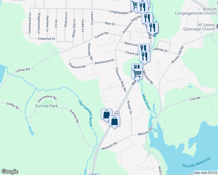 map of restaurants, bars, coffee shops, grocery stores, and more near 25 Hampshire Drive in Wolcott