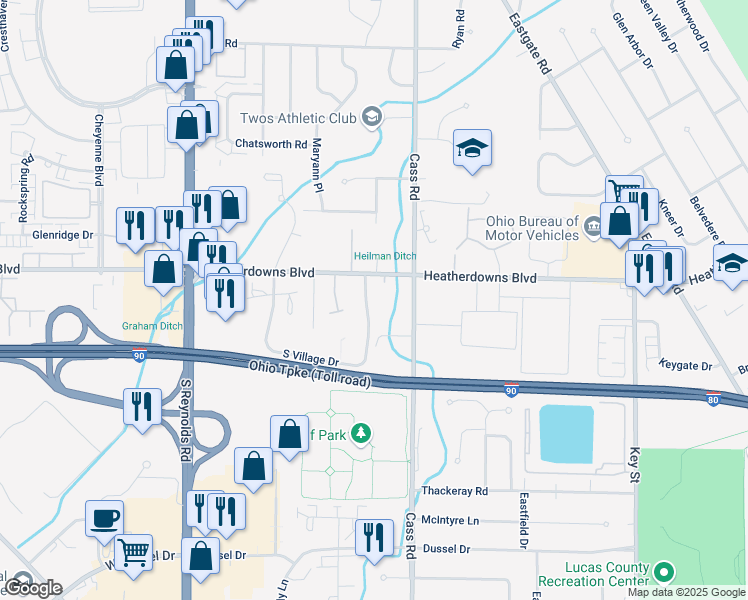 map of restaurants, bars, coffee shops, grocery stores, and more near 2539 Heather Hills Drive in Toledo