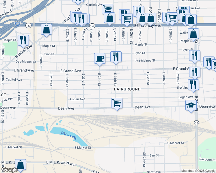 map of restaurants, bars, coffee shops, grocery stores, and more near 2424 East Walnut Street in Des Moines