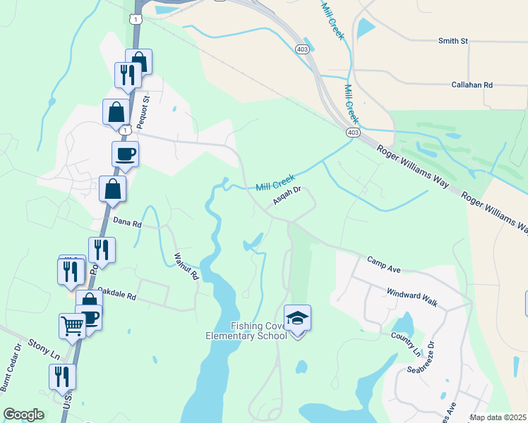 map of restaurants, bars, coffee shops, grocery stores, and more near 311 Camp Avenue in North Kingstown