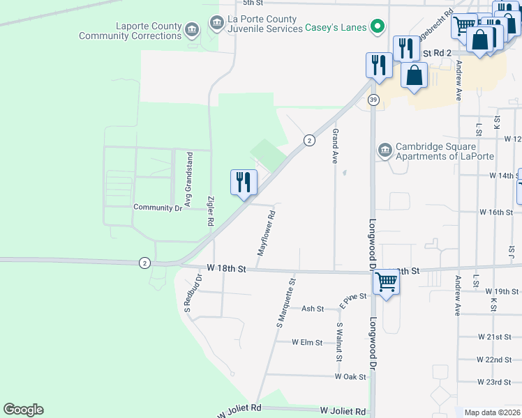 map of restaurants, bars, coffee shops, grocery stores, and more near 826 Mayflower Road in La Porte