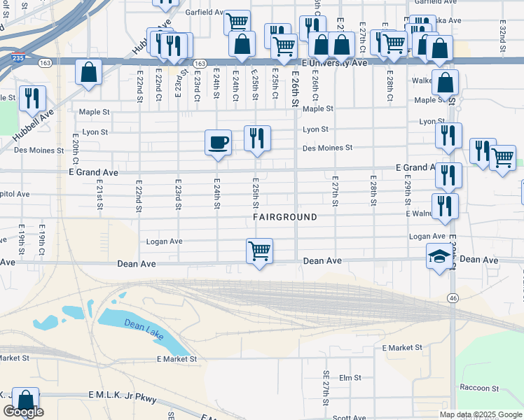 map of restaurants, bars, coffee shops, grocery stores, and more near 2504 East Walnut Street in Des Moines