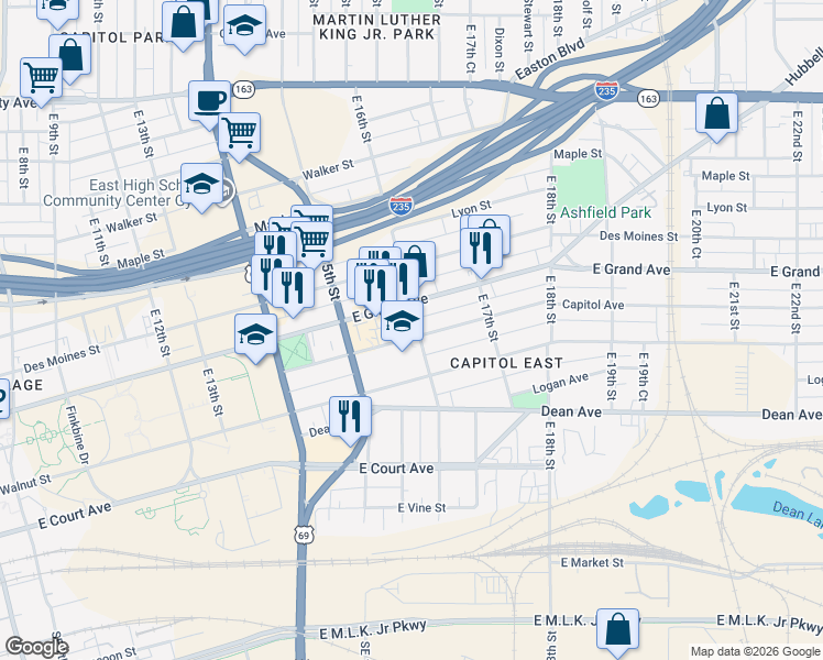 map of restaurants, bars, coffee shops, grocery stores, and more near 1554 Capitol Avenue in Des Moines