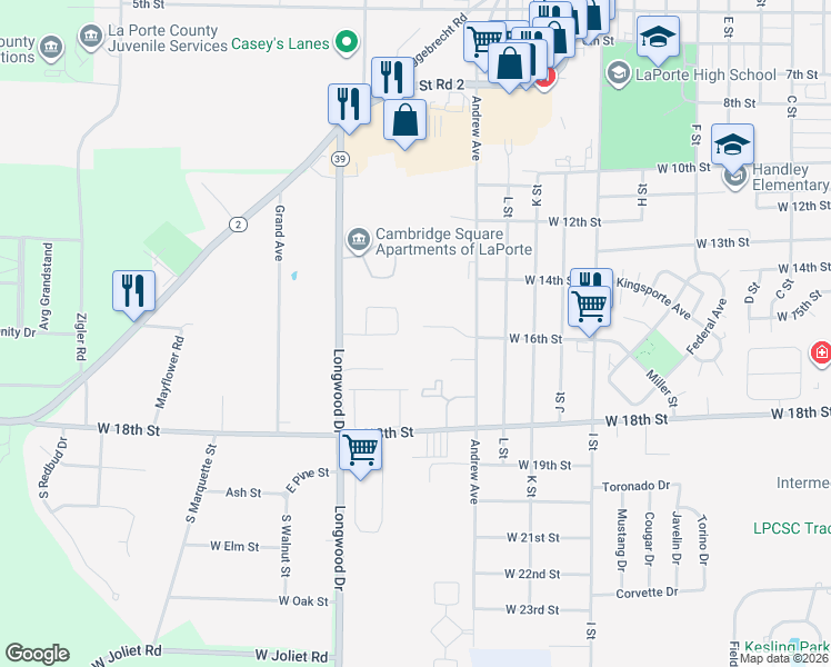 map of restaurants, bars, coffee shops, grocery stores, and more near 1314 Carriage Court in La Porte
