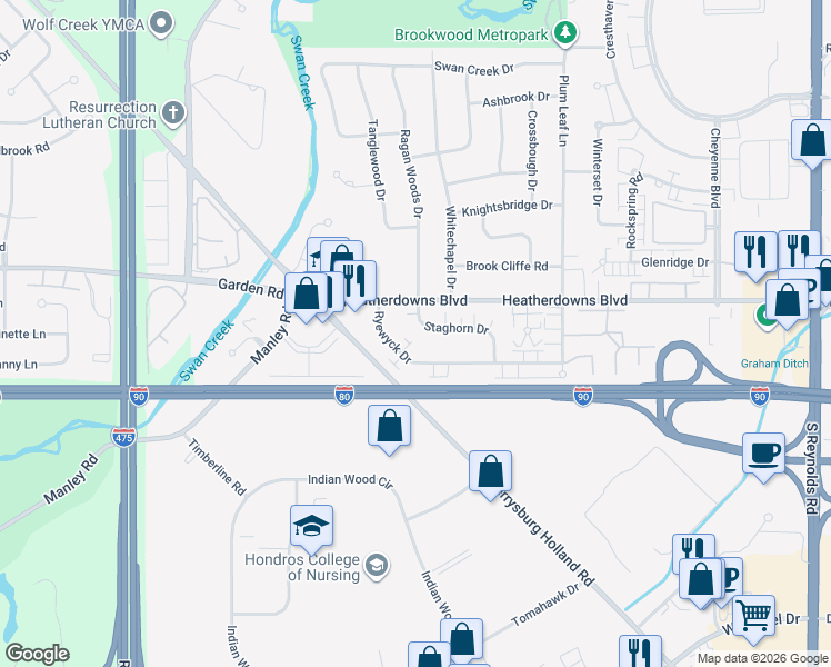 map of restaurants, bars, coffee shops, grocery stores, and more near 5848 Ryewyck Drive in Toledo