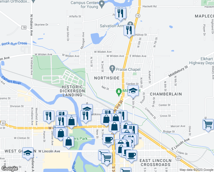 map of restaurants, bars, coffee shops, grocery stores, and more near 211 Mill Street in Goshen