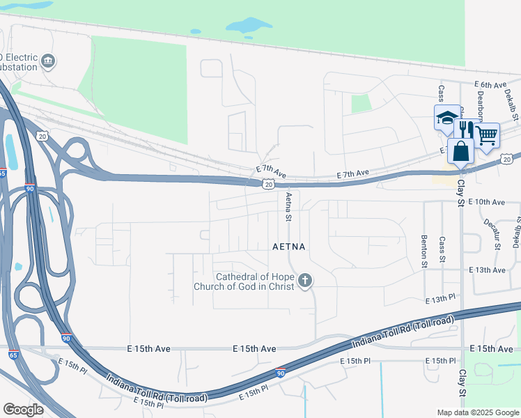 map of restaurants, bars, coffee shops, grocery stores, and more near 1000 Oklahoma Street in Gary
