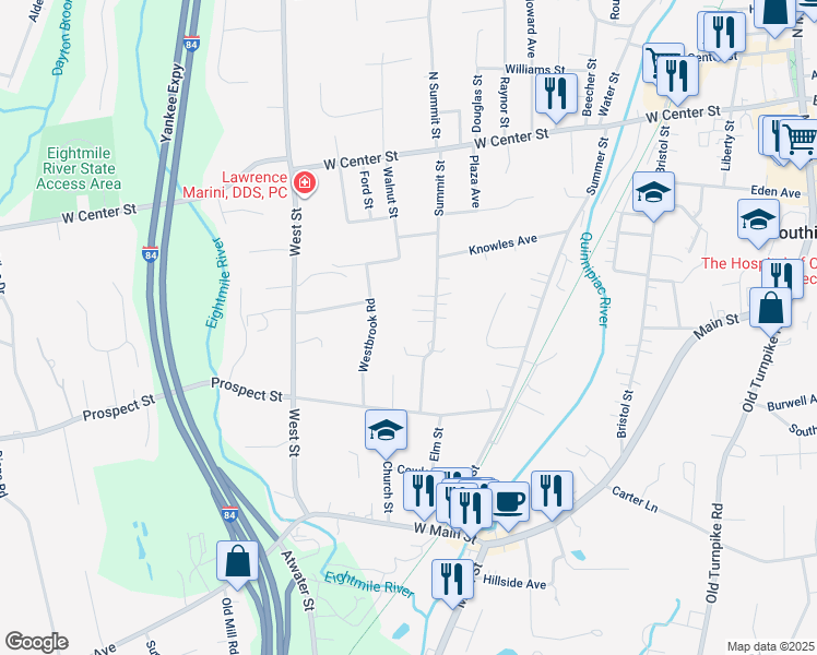 map of restaurants, bars, coffee shops, grocery stores, and more near 218 Summit Street in Southington