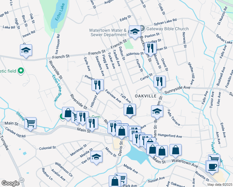 map of restaurants, bars, coffee shops, grocery stores, and more near 87 Taft Avenue in Watertown