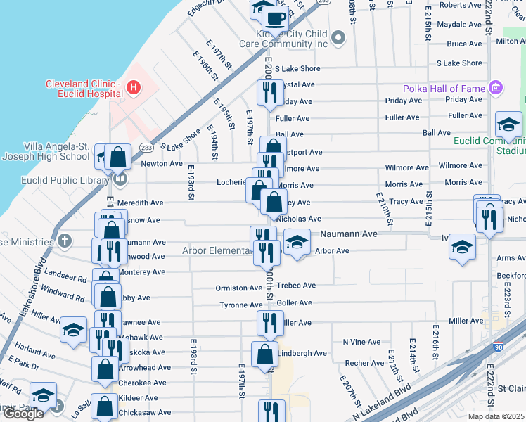 map of restaurants, bars, coffee shops, grocery stores, and more near 455 East 200th Street in Euclid