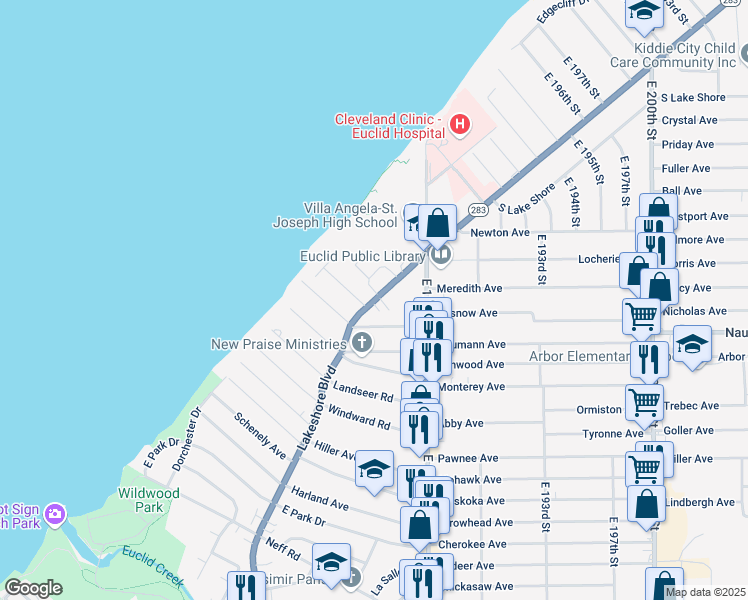 map of restaurants, bars, coffee shops, grocery stores, and more near 18420 Lakeshore Boulevard in Cleveland