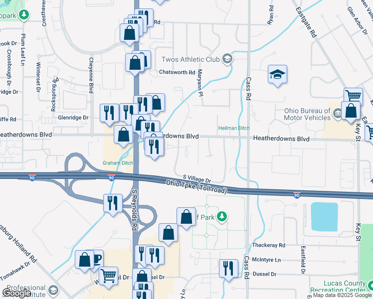 map of restaurants, bars, coffee shops, grocery stores, and more near 2603 West Village Drive in Toledo