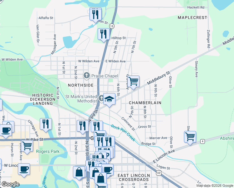 map of restaurants, bars, coffee shops, grocery stores, and more near 301 Middlebury Street in Goshen