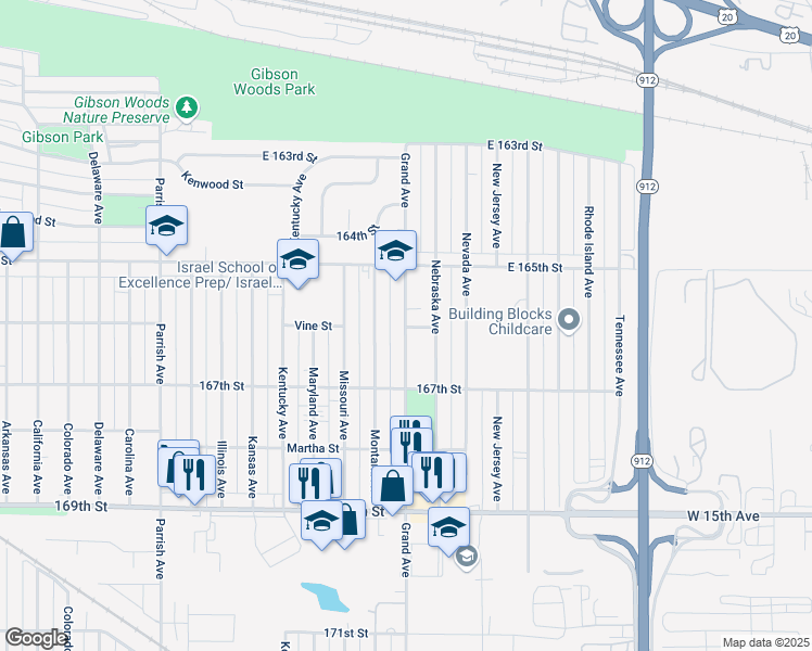 map of restaurants, bars, coffee shops, grocery stores, and more near 6602 Grand Avenue in Hammond