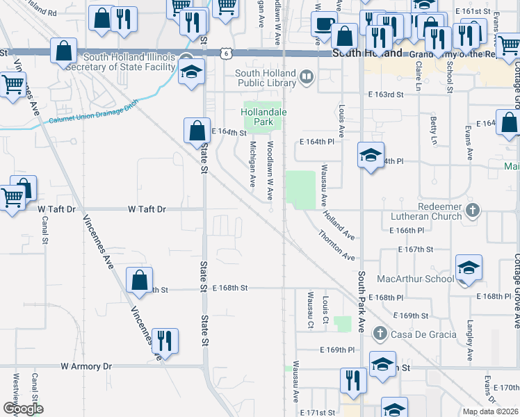 map of restaurants, bars, coffee shops, grocery stores, and more near 16556 Woodlawn West Avenue in South Holland