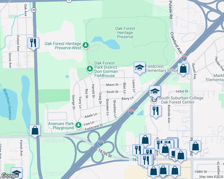map of restaurants, bars, coffee shops, grocery stores, and more near 4356 Scott Street in Oak Forest
