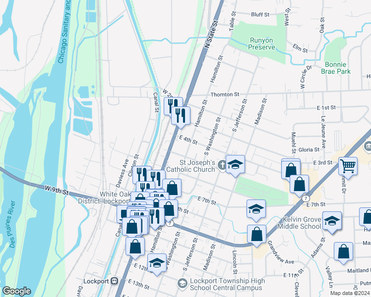 map of restaurants, bars, coffee shops, grocery stores, and more near 122 East 5th Street in Lockport