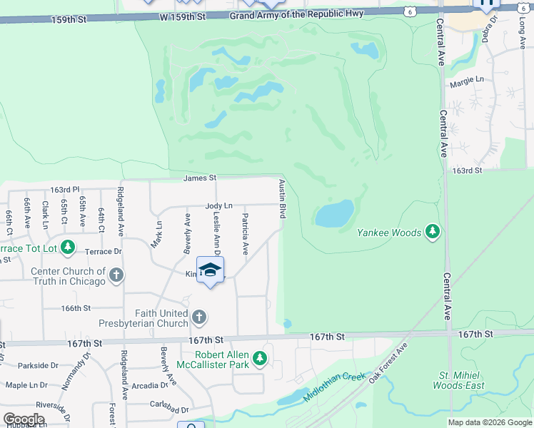 map of restaurants, bars, coffee shops, grocery stores, and more near 6011 Jody Lane in Tinley Park