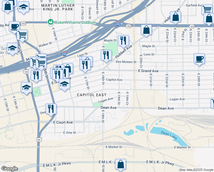 map of restaurants, bars, coffee shops, grocery stores, and more near 1808 East Walnut Street in Des Moines