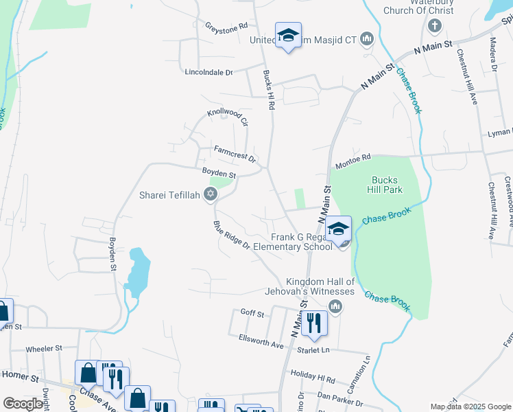 map of restaurants, bars, coffee shops, grocery stores, and more near 52 Deerwood Lane in Waterbury