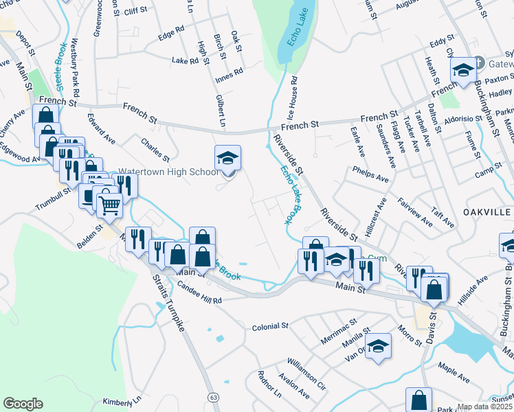 map of restaurants, bars, coffee shops, grocery stores, and more near 13 Pleasant View Avenue in Watertown