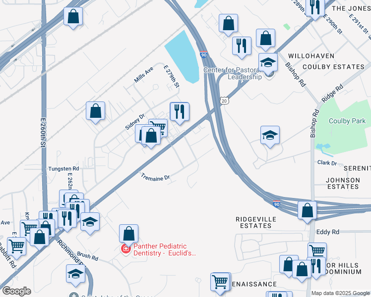 map of restaurants, bars, coffee shops, grocery stores, and more near 1654 Hillandale Drive in Euclid