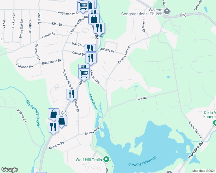 map of restaurants, bars, coffee shops, grocery stores, and more near 185 Brooks Hill Road in Wolcott