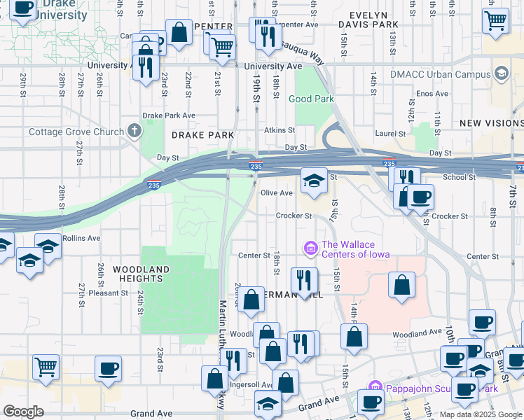 map of restaurants, bars, coffee shops, grocery stores, and more near 901 19th Street in Des Moines