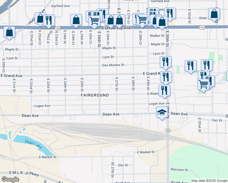 map of restaurants, bars, coffee shops, grocery stores, and more near 2634 East Walnut Street in Des Moines