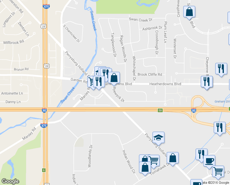 map of restaurants, bars, coffee shops, grocery stores, and more near 5872 Ryewyck Drive in Toledo