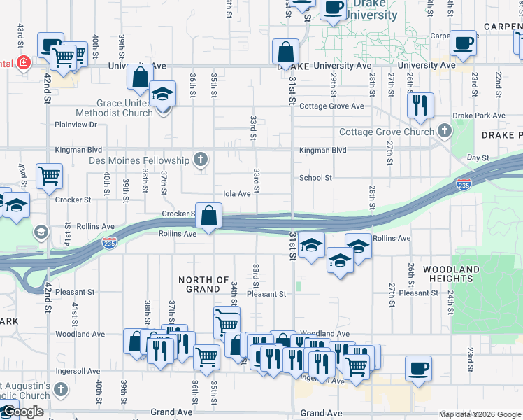 map of restaurants, bars, coffee shops, grocery stores, and more near 901 33rd Street in Des Moines