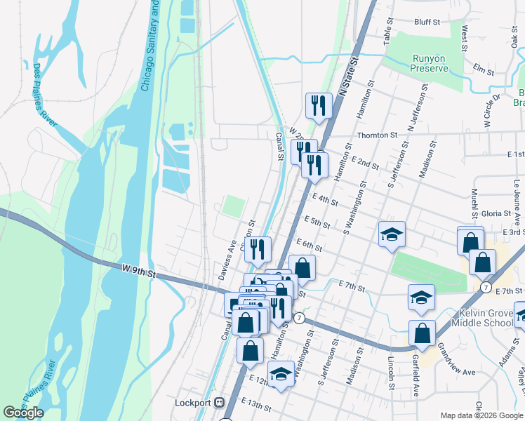 map of restaurants, bars, coffee shops, grocery stores, and more near 514 Clinton Street in Lockport