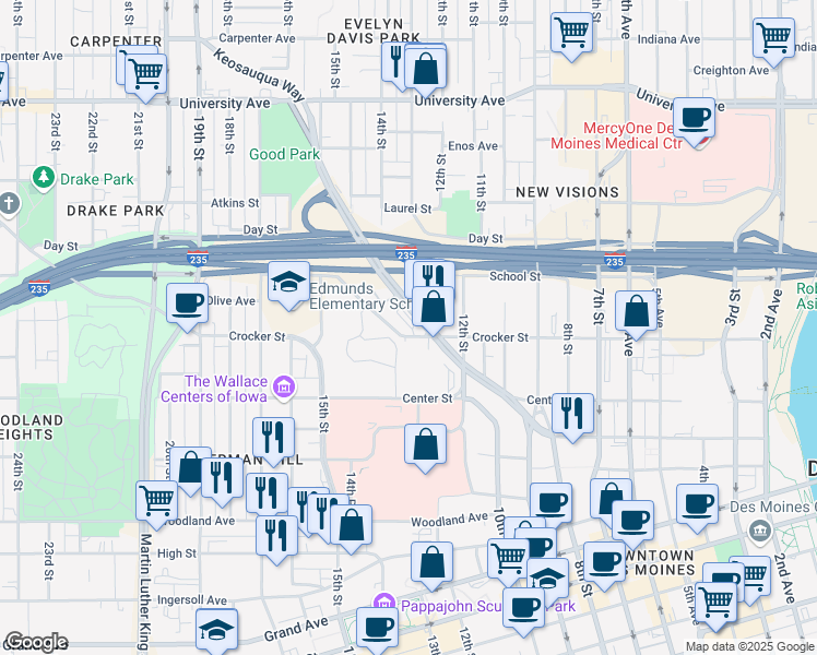 map of restaurants, bars, coffee shops, grocery stores, and more near 1300 Keosauqua Way in Des Moines