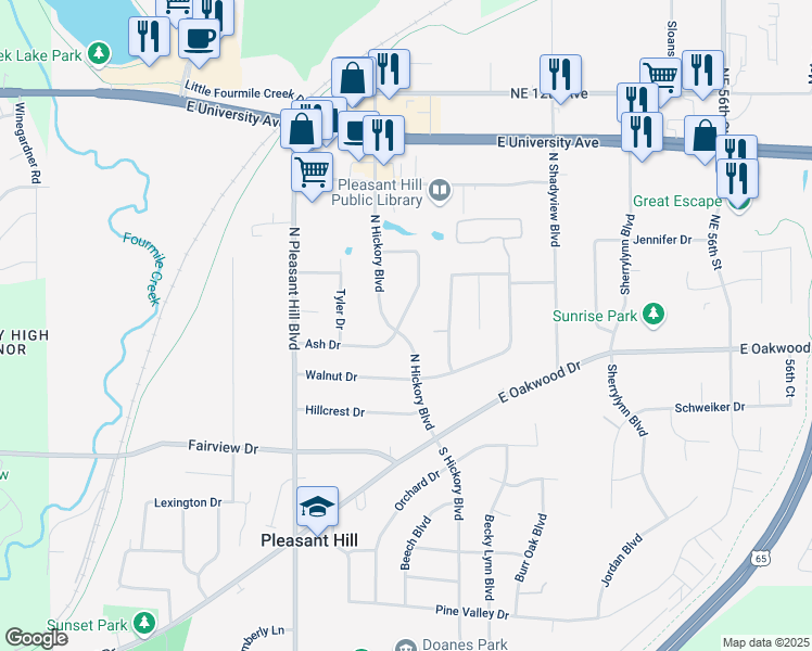 map of restaurants, bars, coffee shops, grocery stores, and more near 391 North Hickory Boulevard in Pleasant Hill