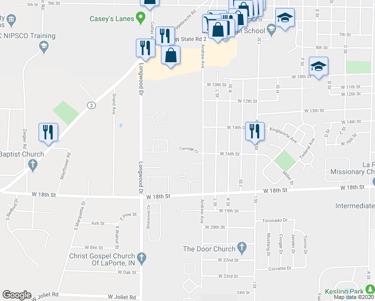 map of restaurants, bars, coffee shops, grocery stores, and more near 1300 Andrew Avenue in La Porte