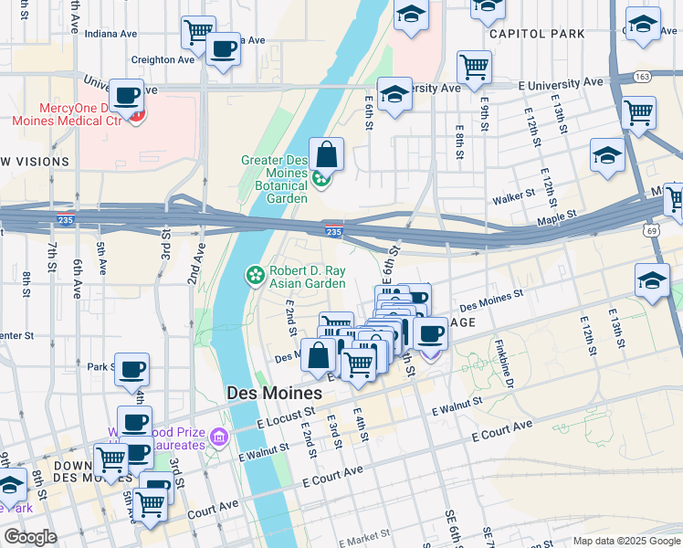 map of restaurants, bars, coffee shops, grocery stores, and more near 700 East 5th Street in Des Moines