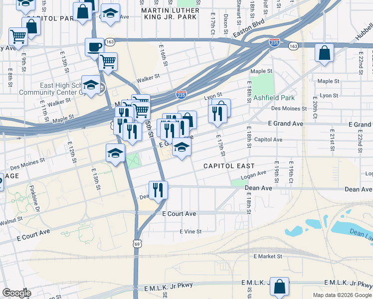 map of restaurants, bars, coffee shops, grocery stores, and more near 1554 Capitol Avenue in Des Moines