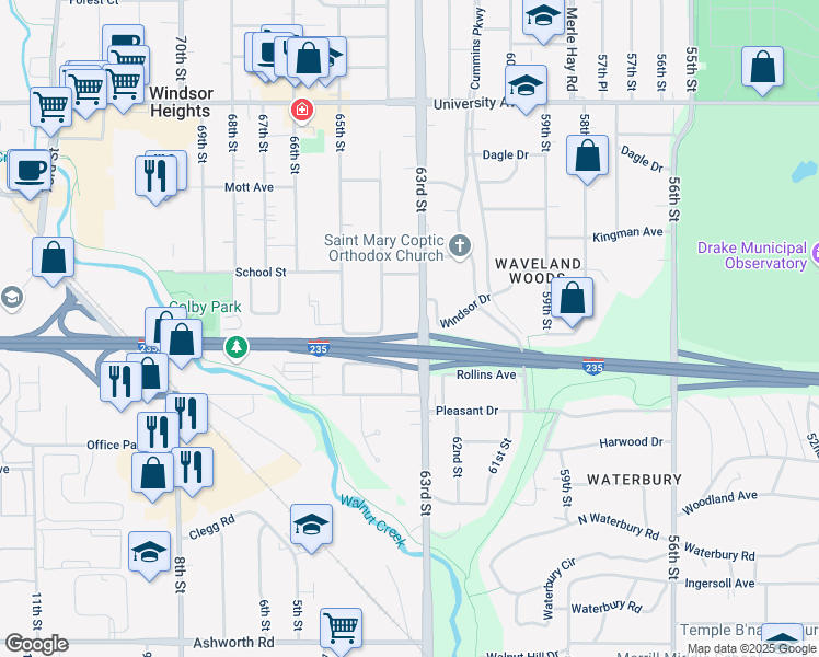 map of restaurants, bars, coffee shops, grocery stores, and more near 821 63rd Street in Des Moines