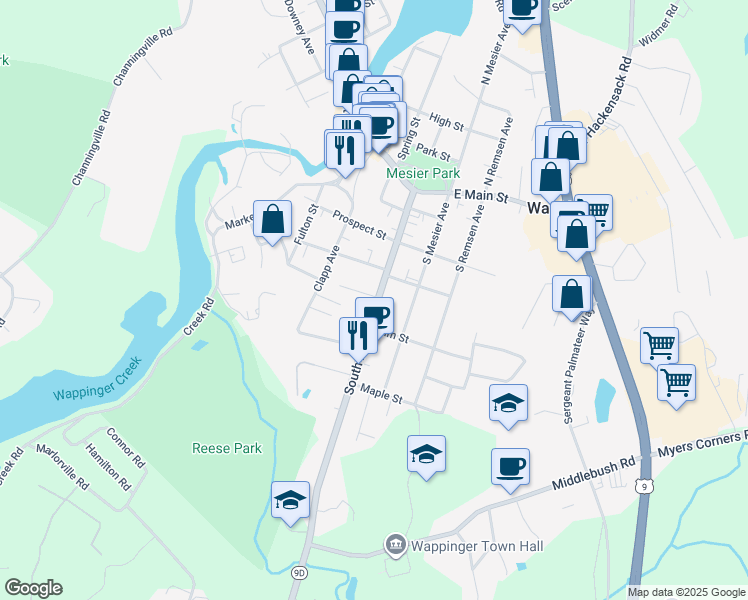 map of restaurants, bars, coffee shops, grocery stores, and more near 2581 South Avenue in Wappingers Falls