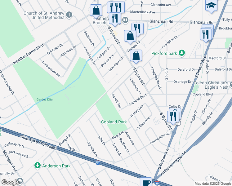 map of restaurants, bars, coffee shops, grocery stores, and more near 4645 Stengel Avenue in Toledo
