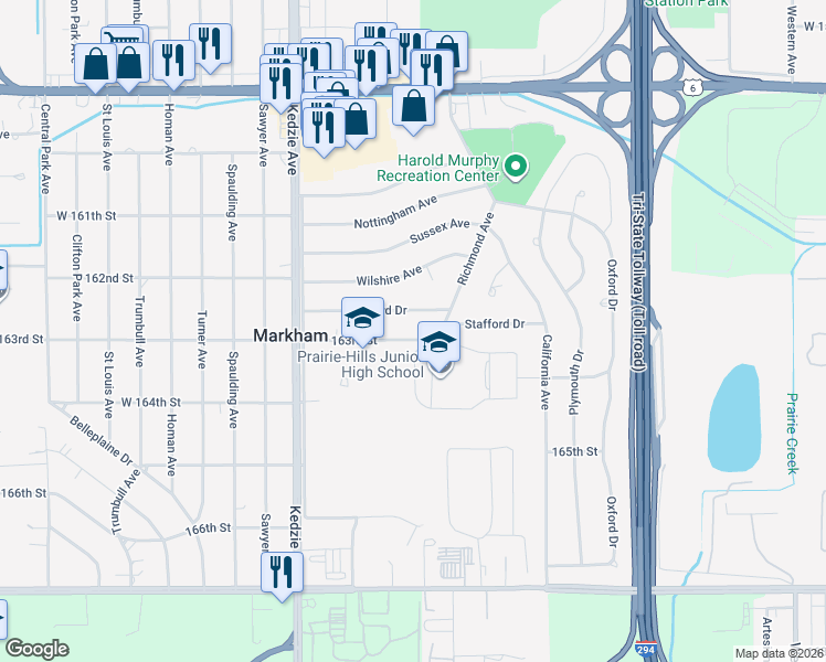 map of restaurants, bars, coffee shops, grocery stores, and more near 3008 West 163rd Street in Markham