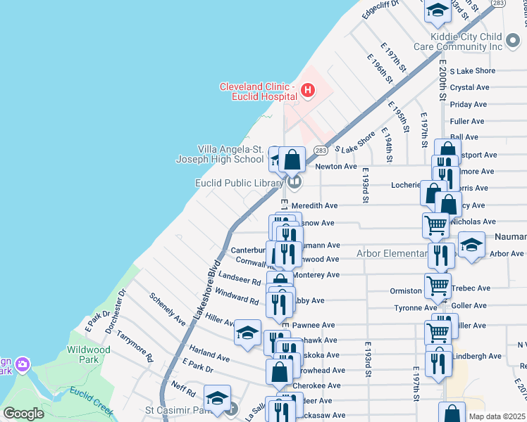 map of restaurants, bars, coffee shops, grocery stores, and more near 532 East 185th Street in Cleveland