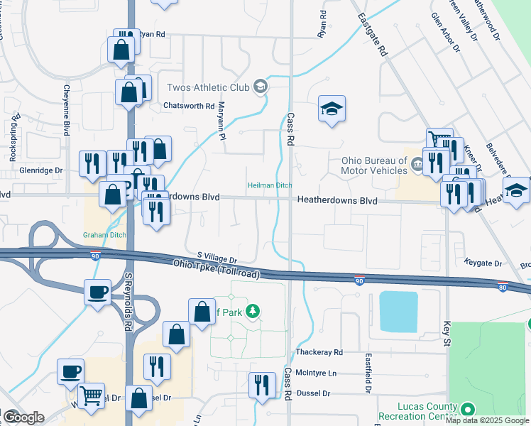 map of restaurants, bars, coffee shops, grocery stores, and more near 2539 Heather Hills Drive in Toledo